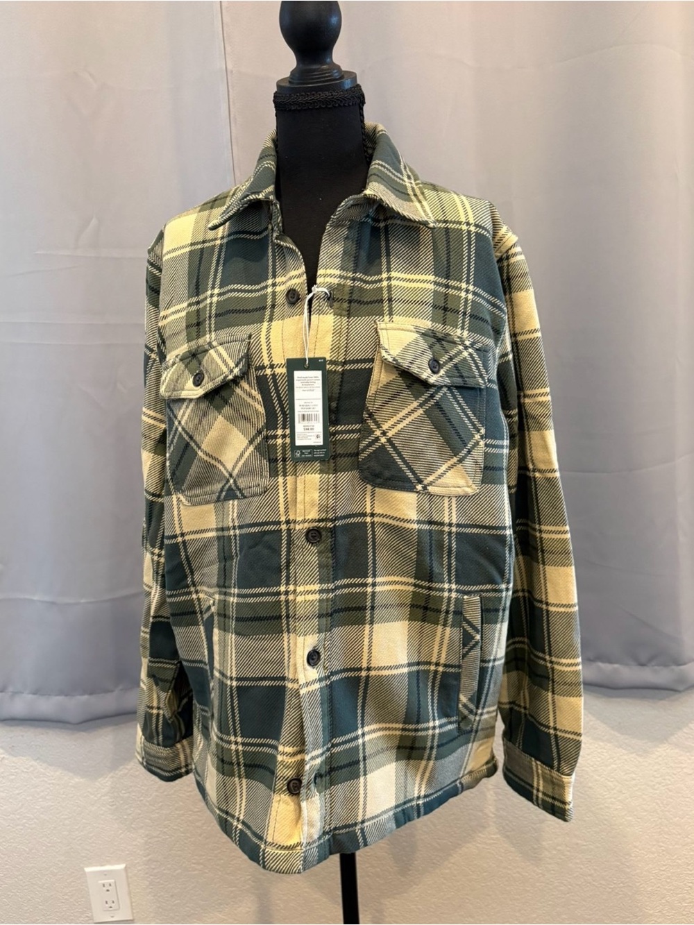 Alpine design quilted Men's Plaid Button-Up Jacket - Green/Cream